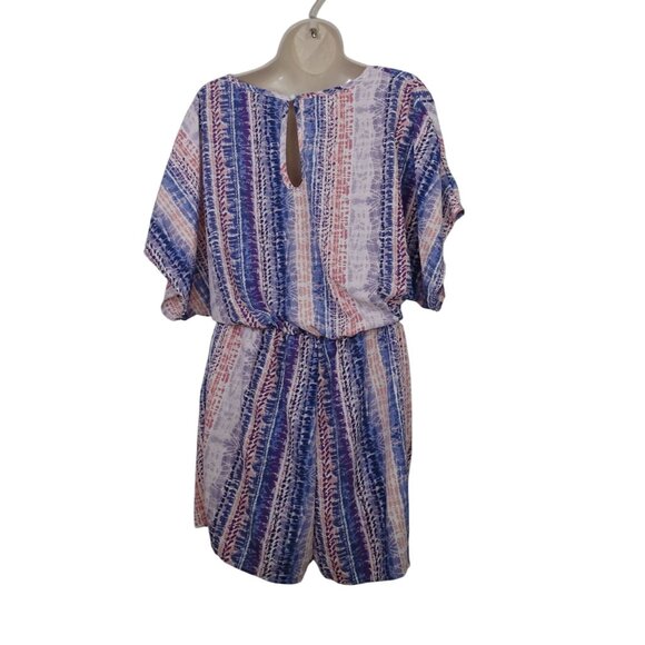 Bibi Stripe Multicolor Short Sleeve V-Neck Romper Women Size M Tie Waist Keyhole - Picture 5 of 11